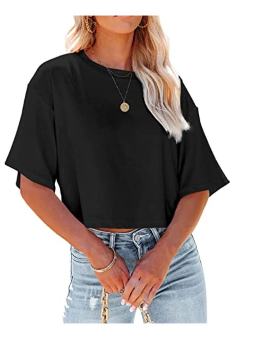 Women Half Sleeve Cropped T-Shirt Loose Fit Crew Neck Casual Gym Tee